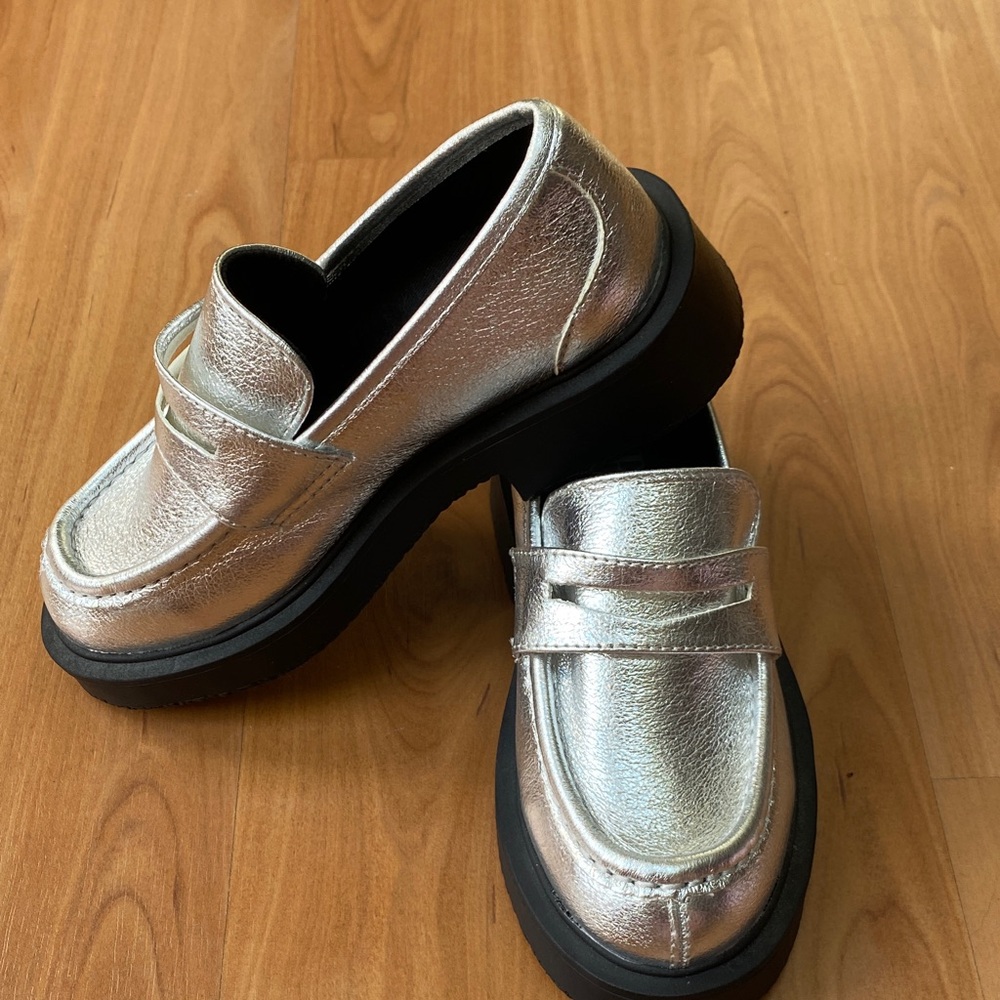 Zara Metallic Silver Loafers with Black Soles